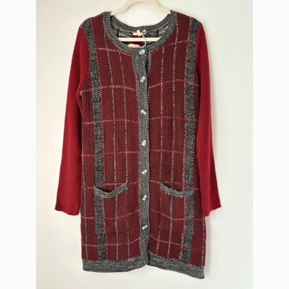Mystree Long Line Boho Knit Sweater Cardigan SZ Large Window Pane pockets New